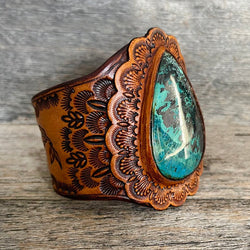 One of a Kind Leather Bracelet with Drop-shaped Chrysocolla Stone