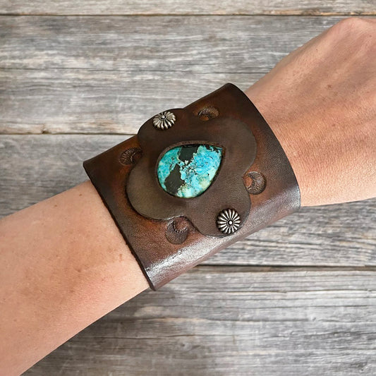 One of a Kind, Extra Wide Leather Bracelet Tibetan Turquoise Stone