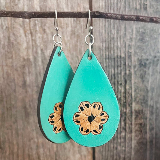 MADE TO ORDER - Turquoise Leather Drop Earrings with Brown Flower