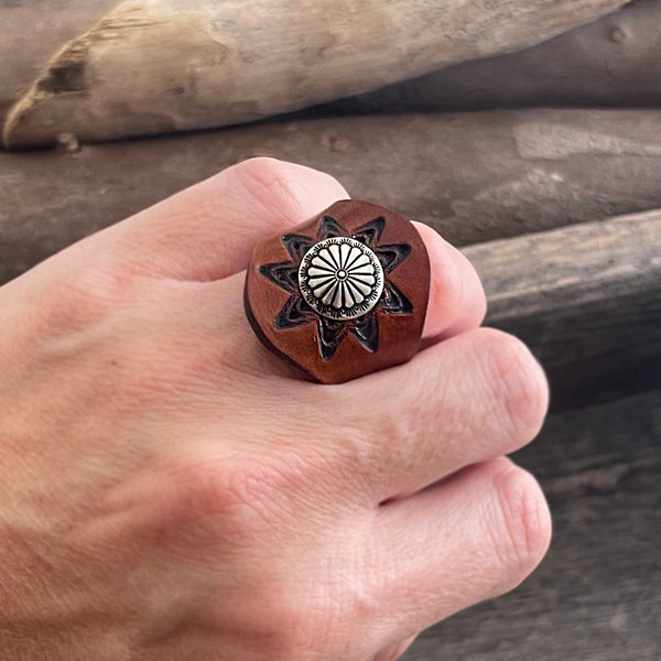 One of a Kind Leather Mandala Boho Ring