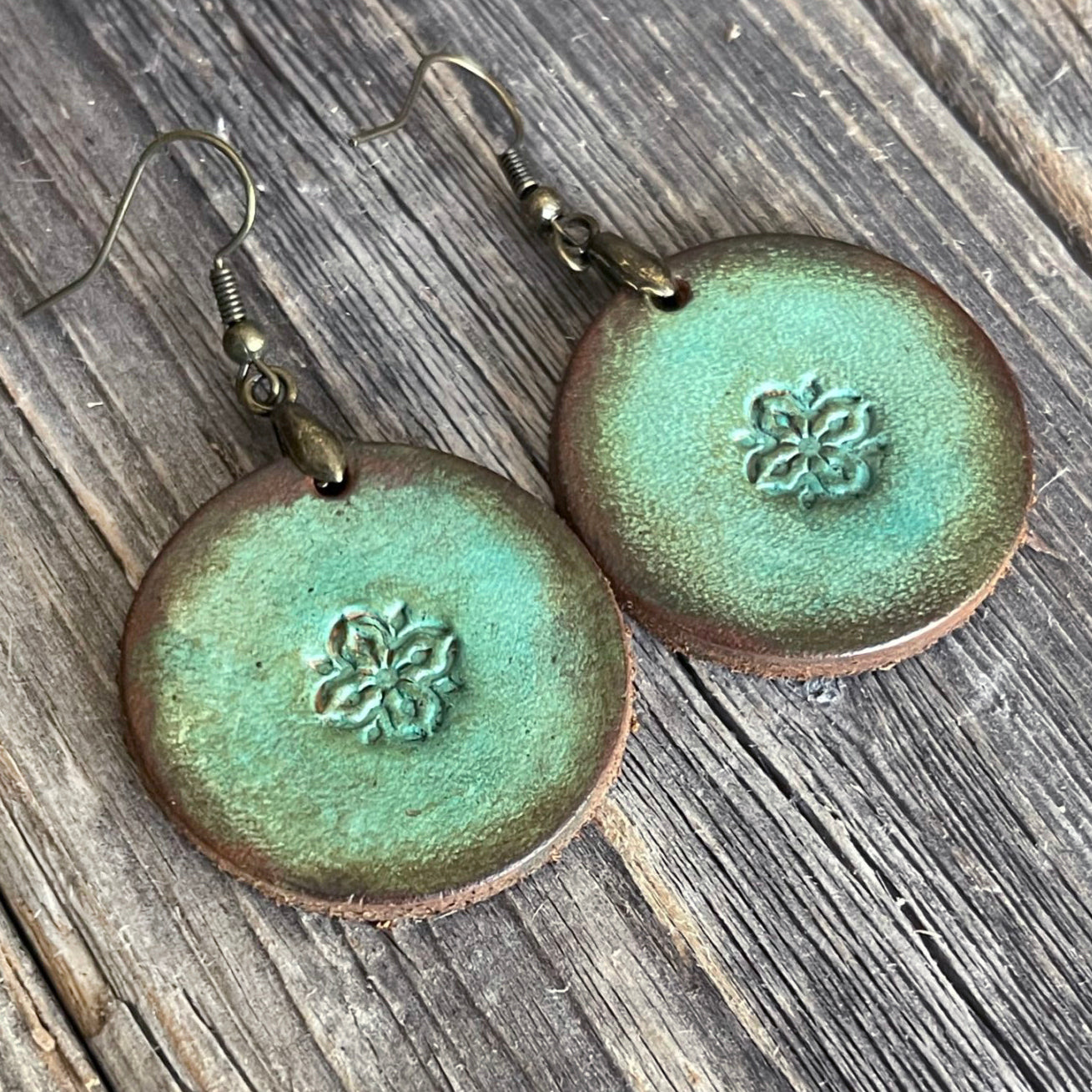 MADE TO ORDER - One of a Kind, genuine leather round drop boho handmade earrings with flower design