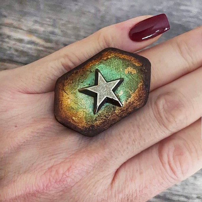 MADE TO ORDER - Vintage Turquoise Star Leather Ring