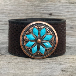 One of a Kind Genuine Leather Bracelet with Rhomboid Flower Concho