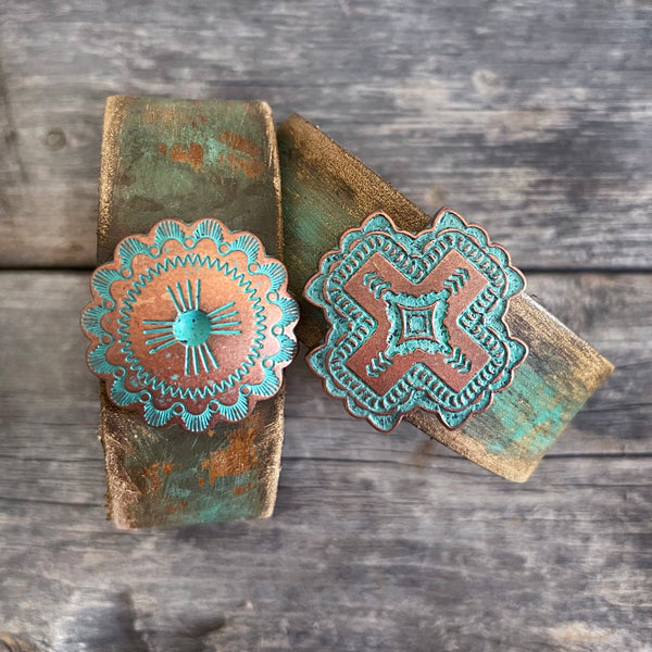 MADE TO ORDER - Genuine Leather Bracelet Turquoise Patina Concho