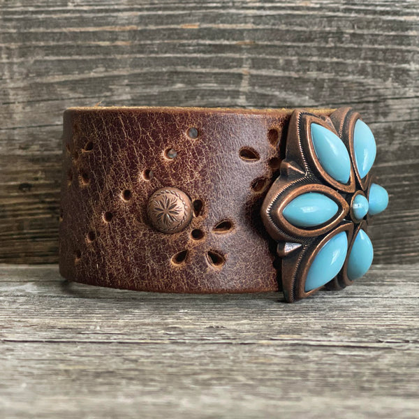 One of a kind genuine leather bracelet with big blue flower copper concho