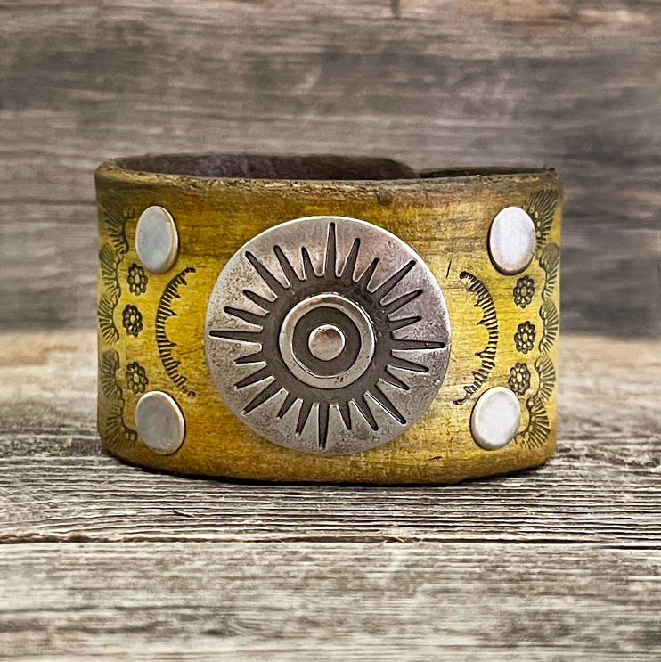 MADE TO ORDER - Yellow Leather Bracelet with Round Concho