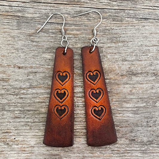 MADE TO ORDER - 3 Hearts Leather Drop Earrings | Artisanal Elegance