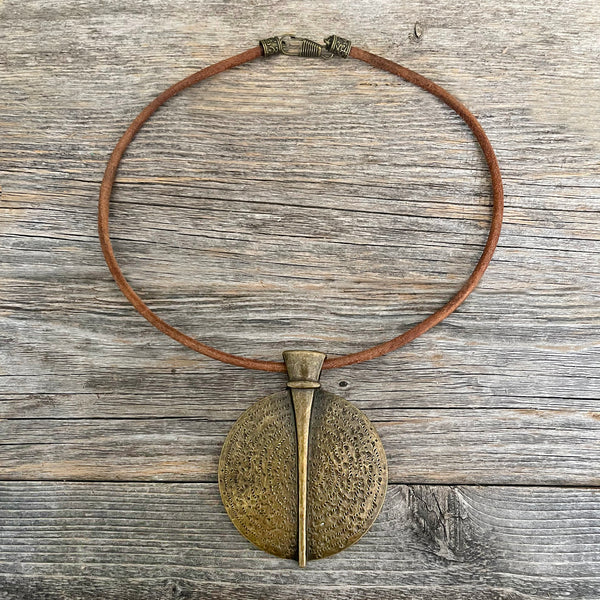 MADE TO ORDER - Round Tibetan Brass Pendant Leather Choker Necklace