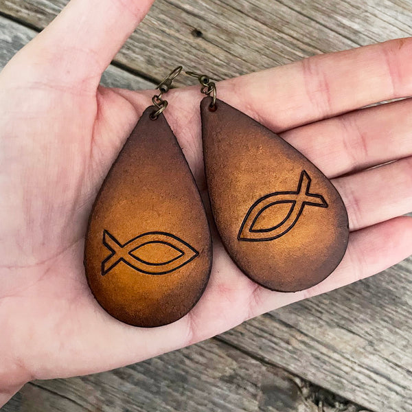 Christian Fish Symbol Leather Earrings for Inspired Elegance