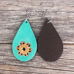 MADE TO ORDER - Turquoise Leather Drop Earrings with Brown Flower