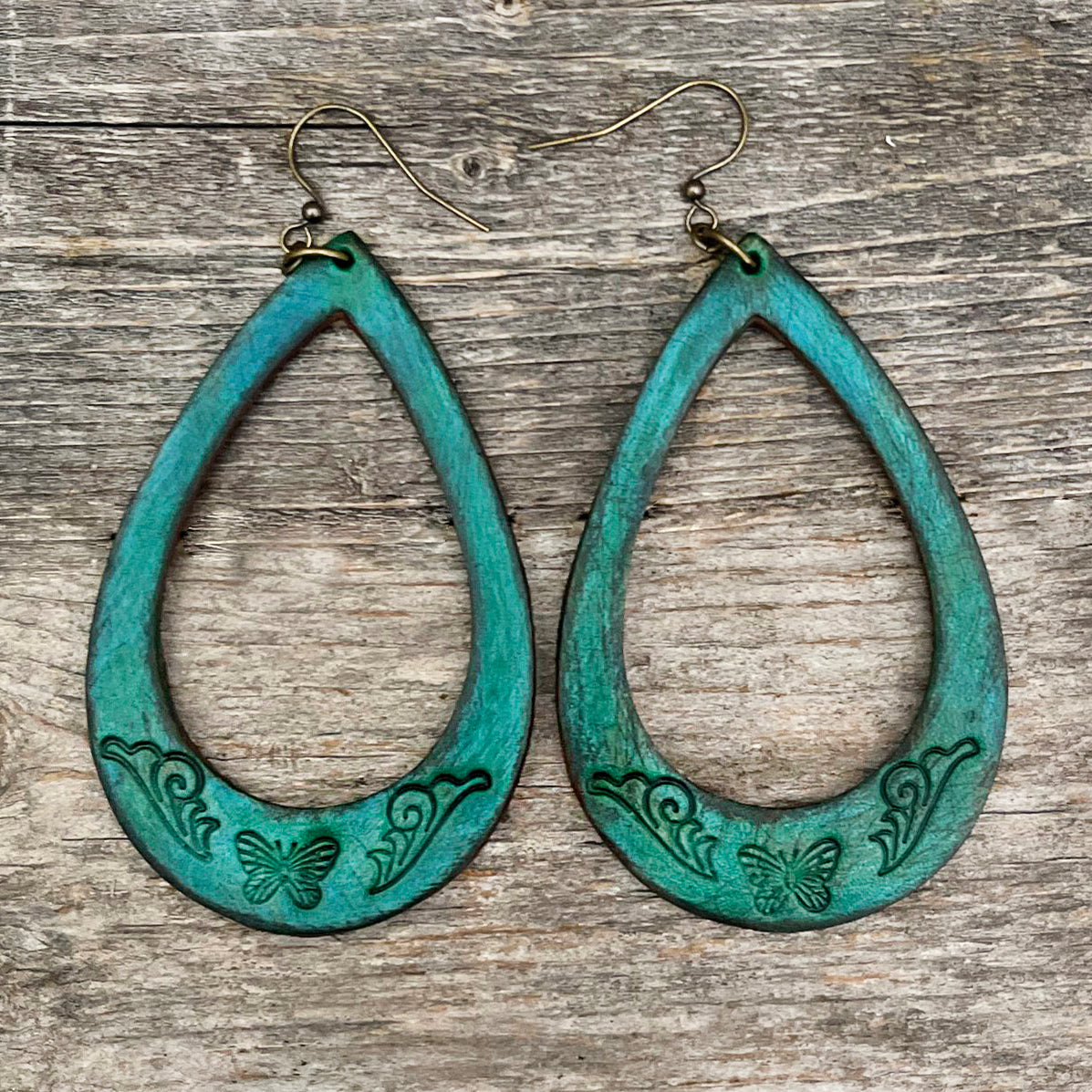One of a Kind dark turquoise drop leather earrings