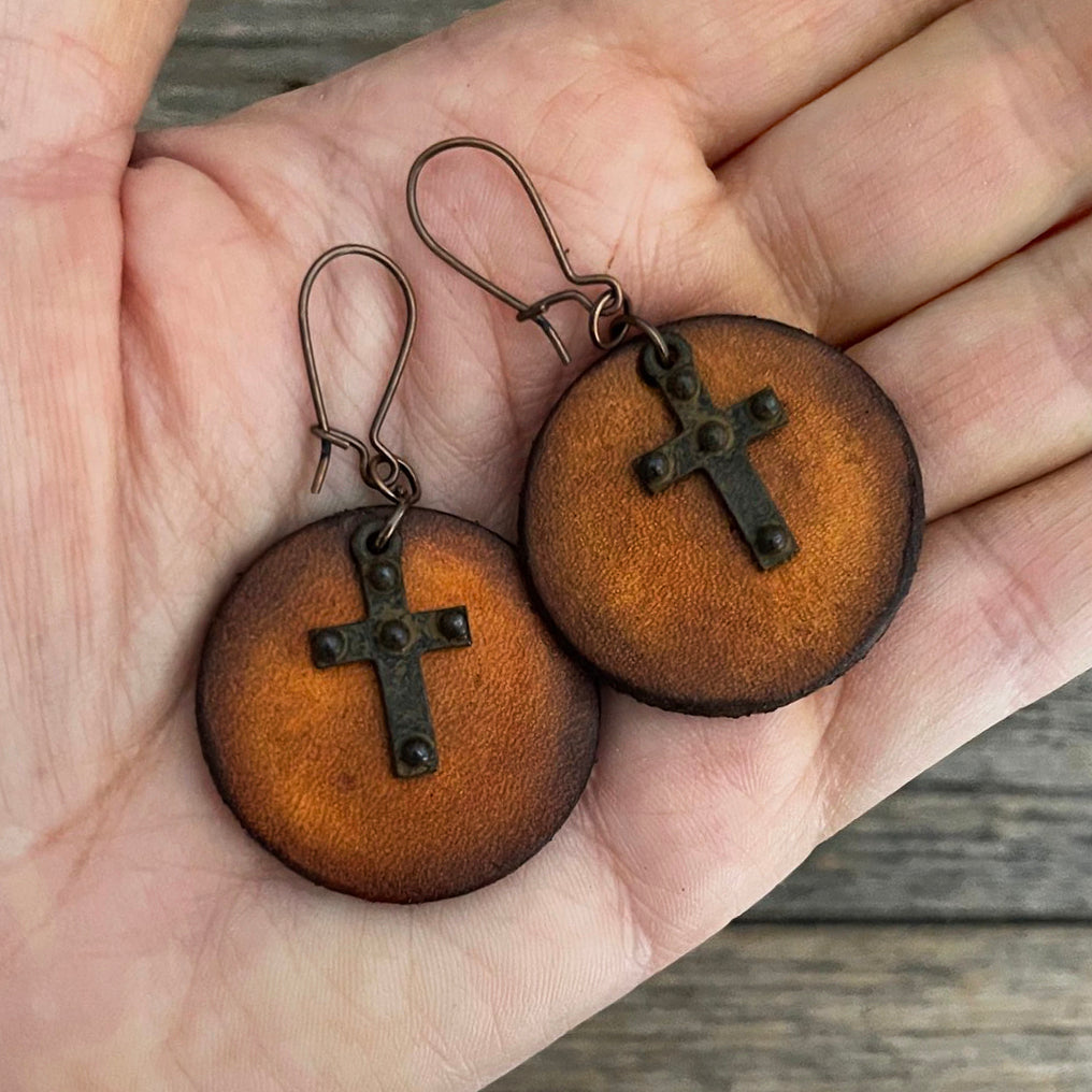 MADE TO ORDER - Cross Round Drop Leather Earrings | Boho Accessories