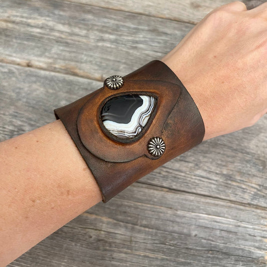 One of a Kind, wide leather bracelet with genuine Banded Agate stone