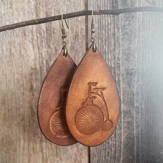 MADE TO ORDER - Long Leather Drop Earrings with Bicycle Design