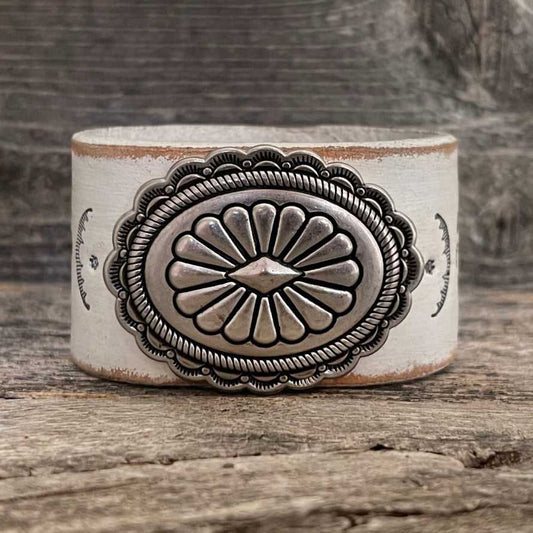 genuine white leather and round antique silver concho bracelet