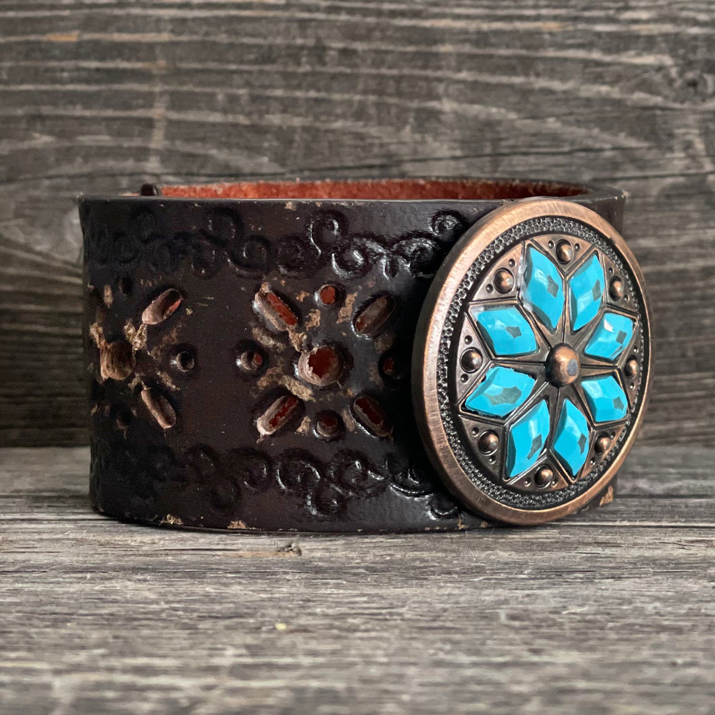 One of a kind Genuine Leather Bracelet Diamond Flower Copper Concho