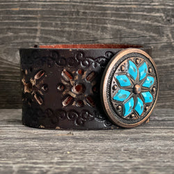 One of a kind Genuine Leather Bracelet Diamond Flower Copper Concho