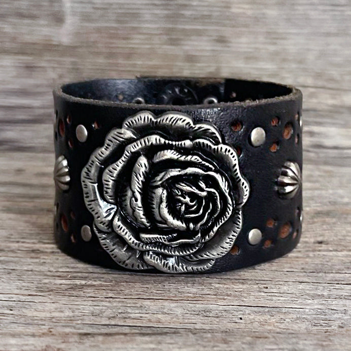 Genuine Die Cut Leather Bracelet with Silver Rose Concho