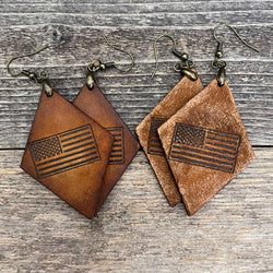 MADE TO ORDER - Genuine Leather Earrings with Tooled USA Flag