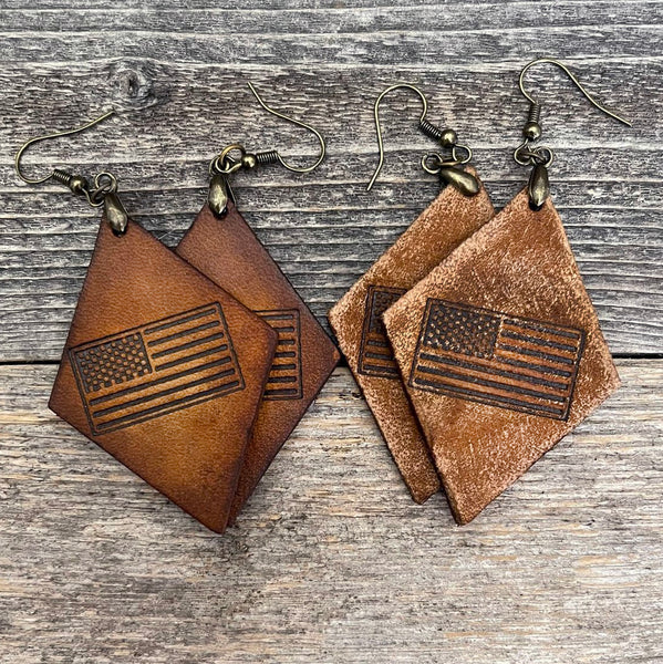 MADE TO ORDER - Genuine Leather Earrings with Tooled USA Flag