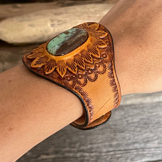 One of a Kind tooled leather bracelet with genuine Chrysoprase stone