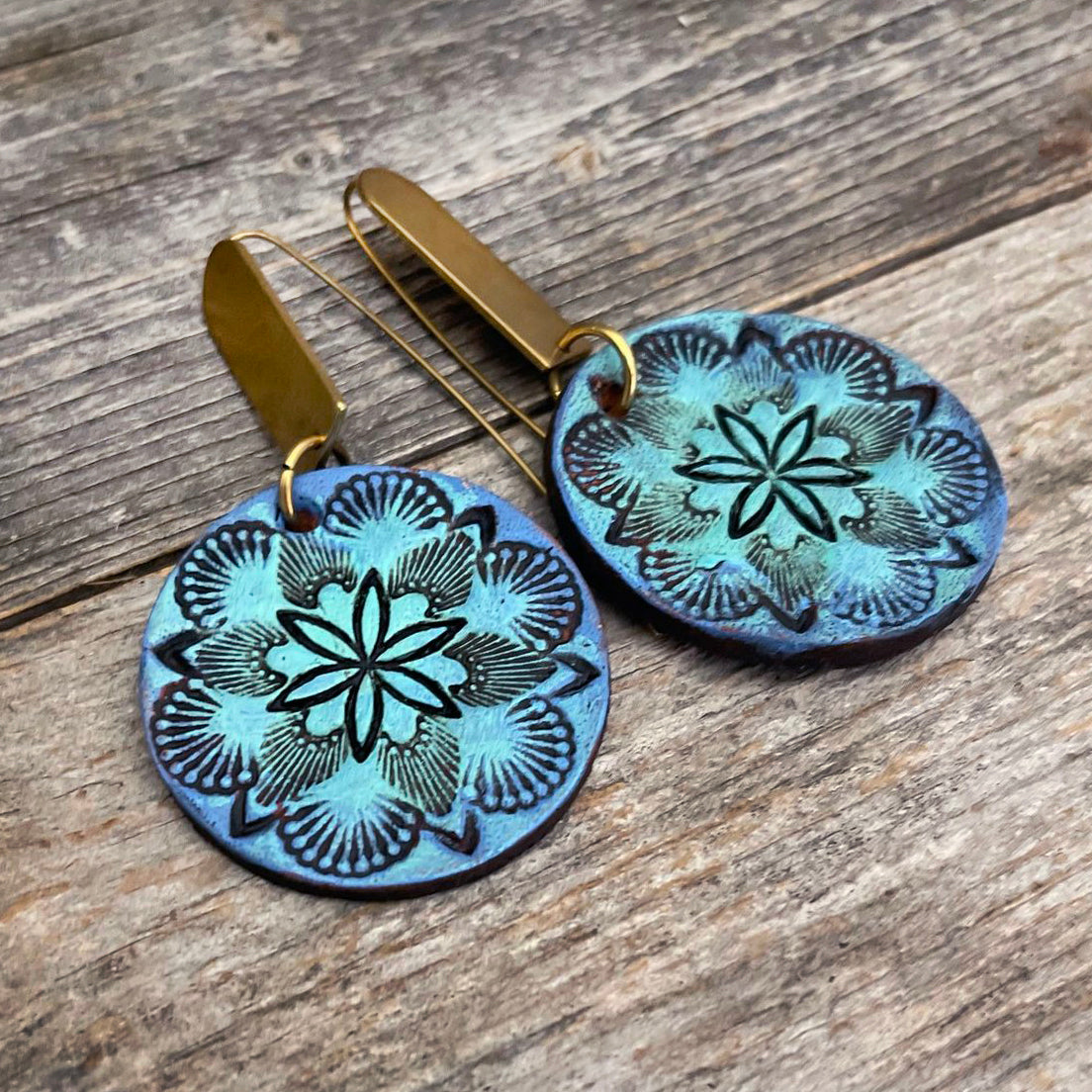 One of a Kind Handcrafted blue flower leather earrings