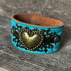 One of a kind, genuine leather, handmade bracelet with gold copper heart concho