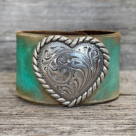 MADE TO ORDER - Turquoise Leather Bracelet with Big Heart Concho