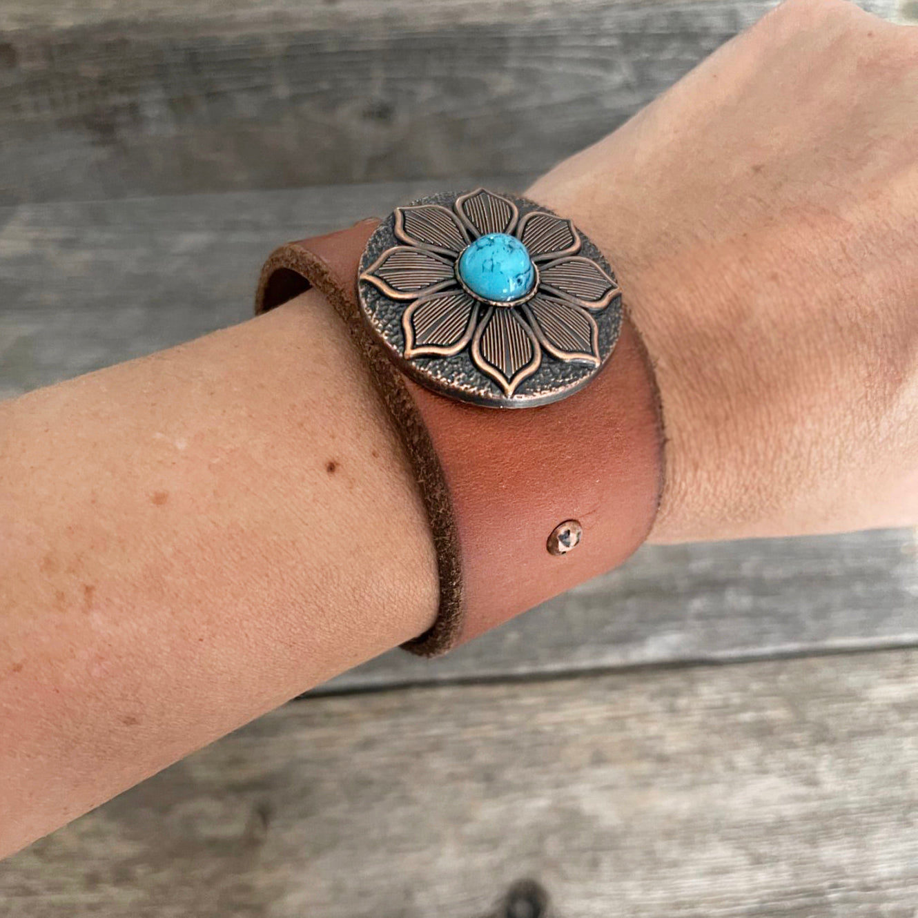 One of a kind genuine leather bracelet with antique copper flower concho