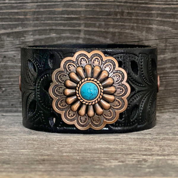 One of a Kind, Die Cut Leather Bracelet with Flower Concho