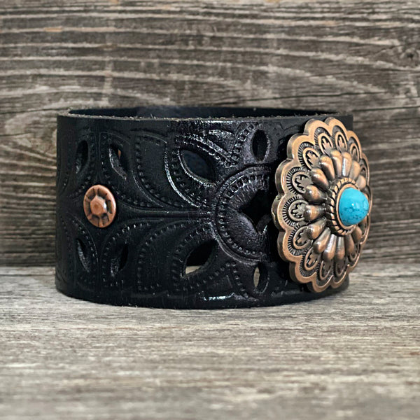 One of a Kind, Die Cut Leather Bracelet with Flower Concho