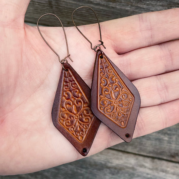 One of a kind rhomboid tooled leather earrings