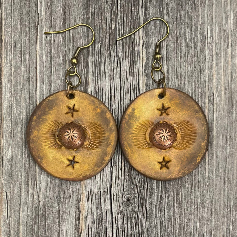 MADE TO ORDER - One of a Kind, genuine leather round drop boho earrings with copper rivet and tooled stars