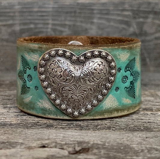 MADE TO ORDER - Aqua Leather Bracelet with Heart Concho