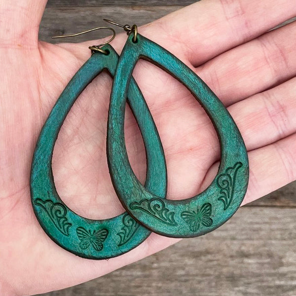 One of a Kind dark turquoise drop leather earrings