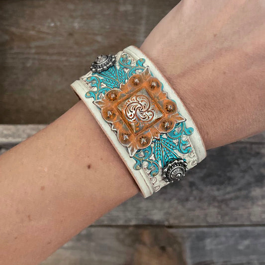 One of a Kind, Genuine Leather Patina Square Concho Bracelet