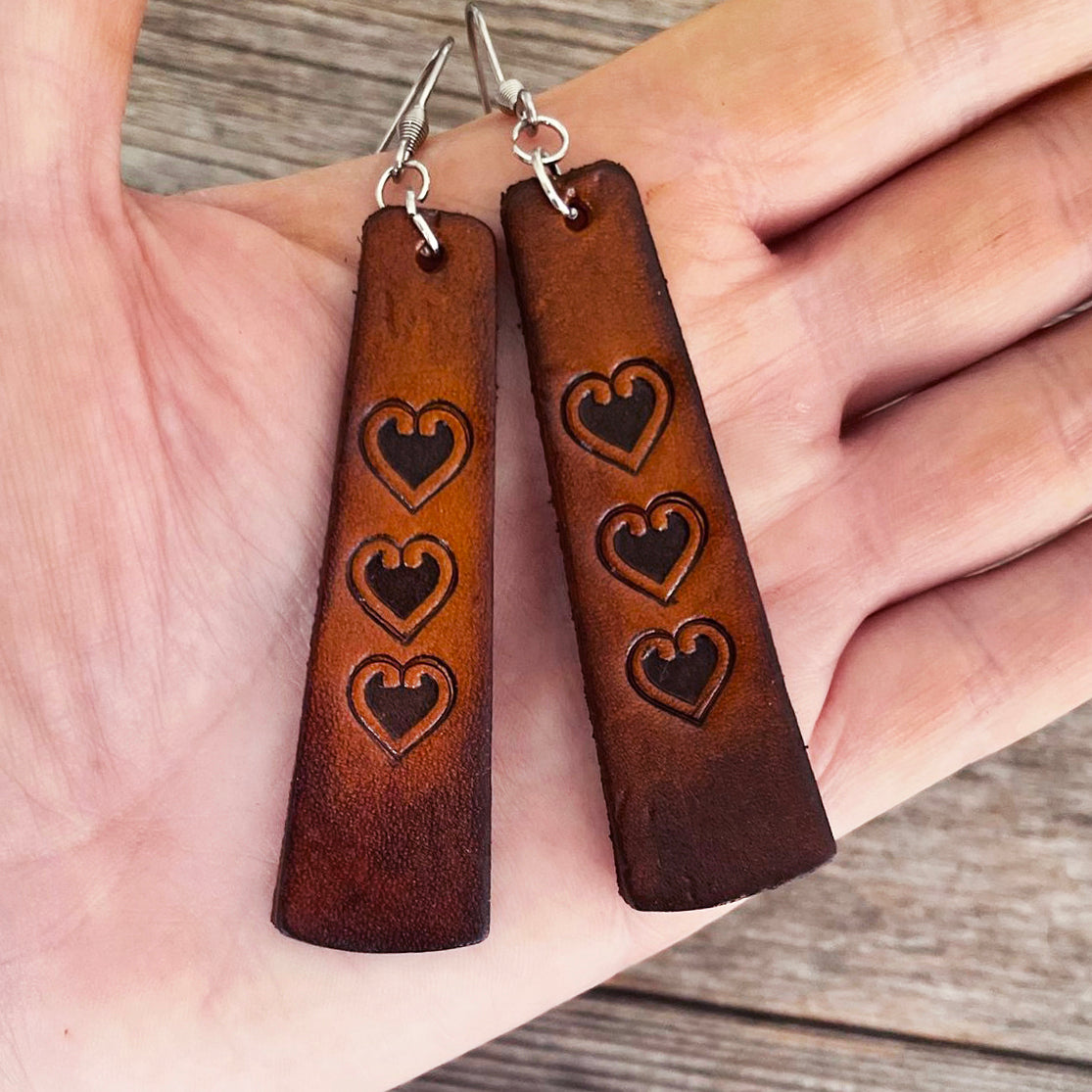 MADE TO ORDER - 3 Hearts Leather Drop Earrings | Artisanal Elegance