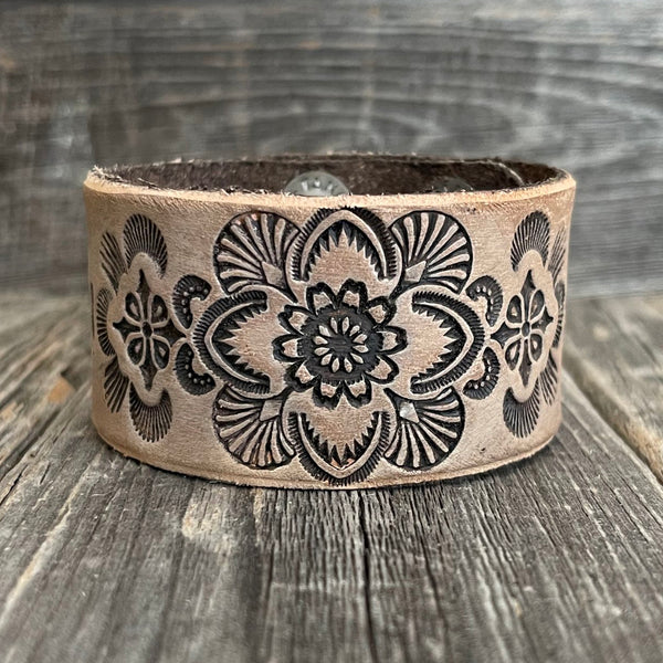 Genuine Tanned Boho Tooled Leather Bracelet with Flower - A