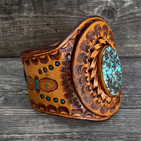 One of a Kind - Tooled Leather Bracelet with Kingman Turquoise