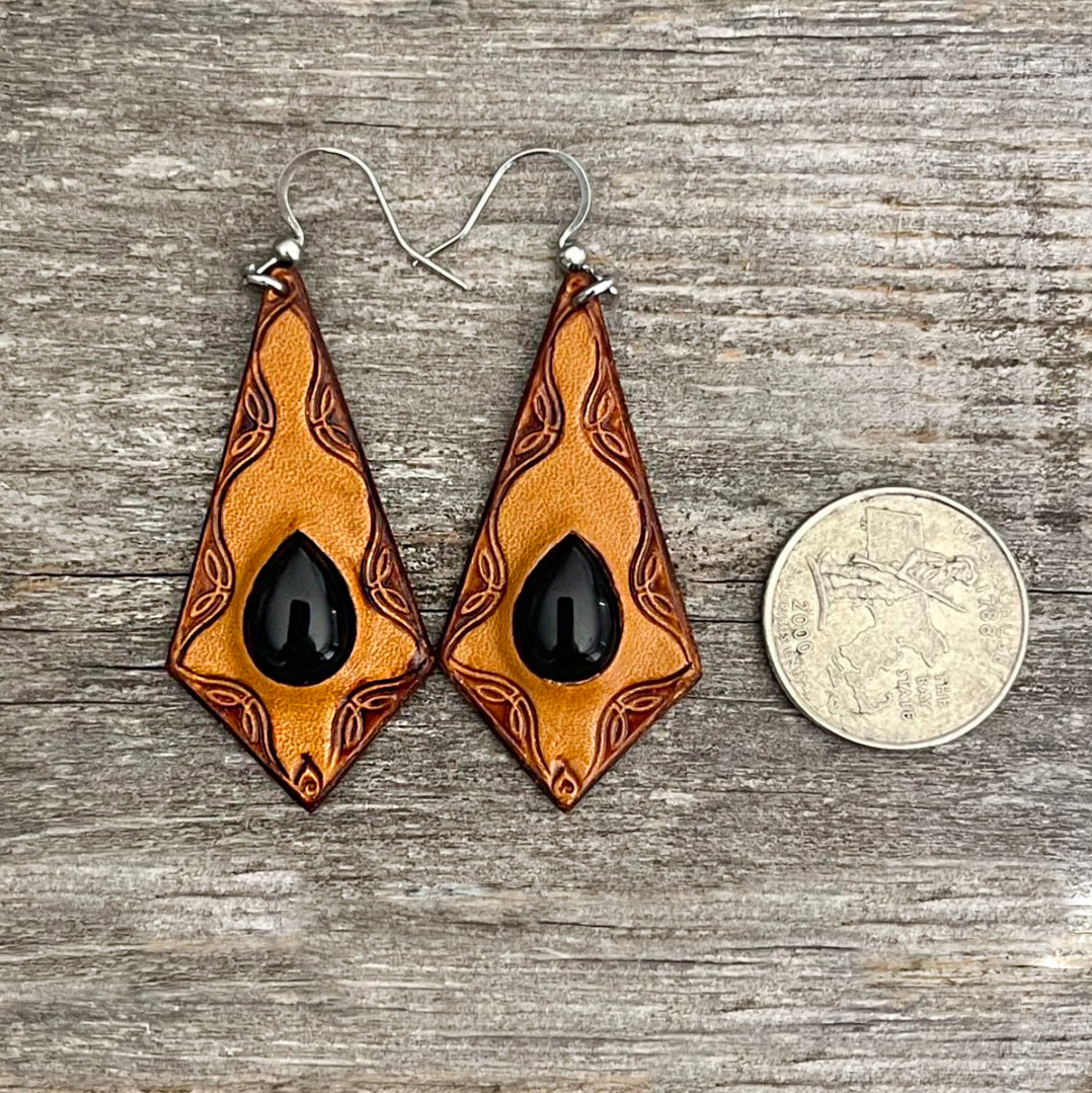 One of a Kind - Black Onyx inlay tooled leather earrings