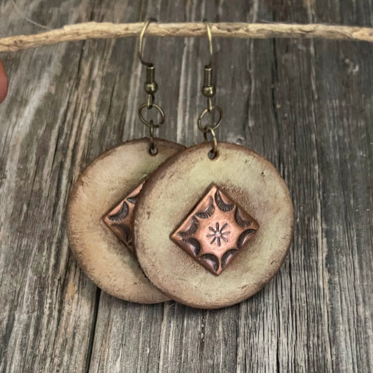 MADE TO ORDER - Leather Round Drop Copper Rivet Earrings