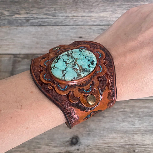 One of a Kind - Tooled Leather Bracelet with Big Tibetan Turquoise