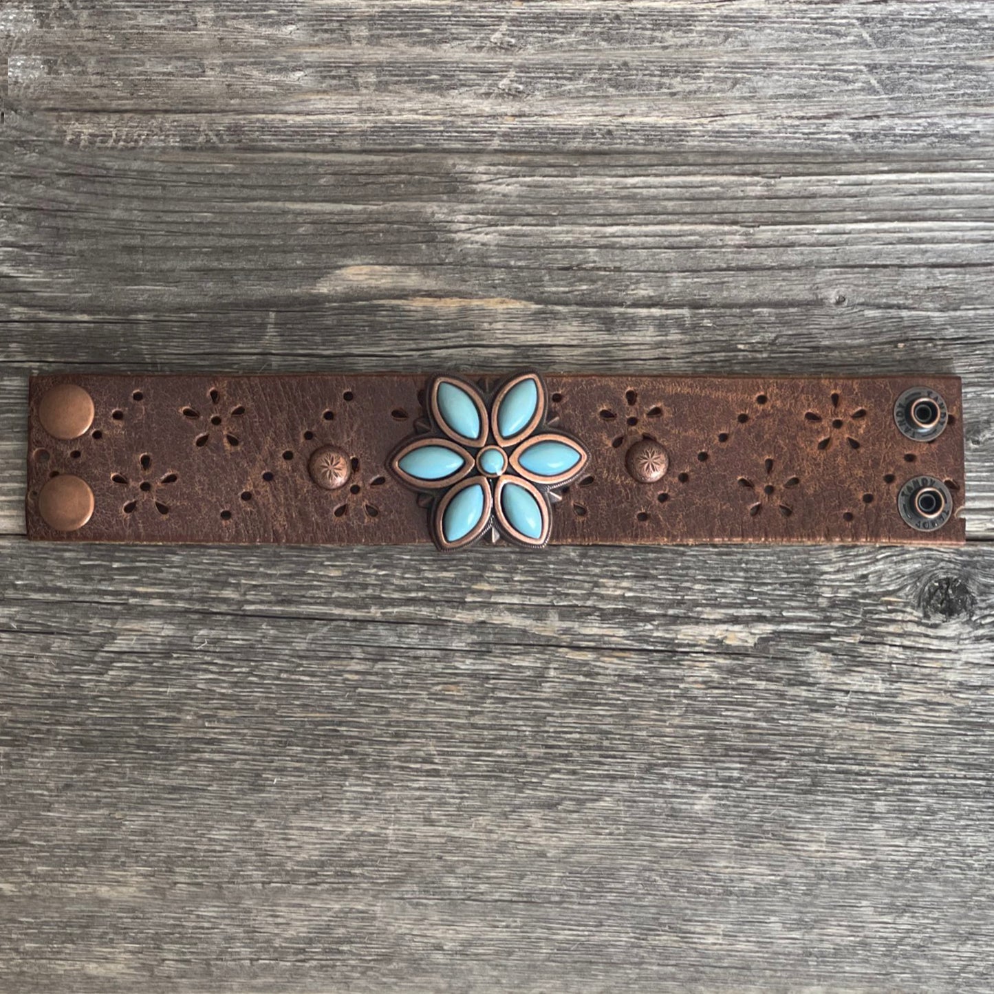 One of a kind Genuine Leather Bracelet Big Blue Flower Concho