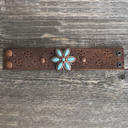 One of a kind genuine leather bracelet with big blue flower copper concho