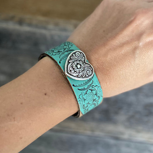 One of a kind Genuine Tooled Leather Two Tone Concho Bracelet