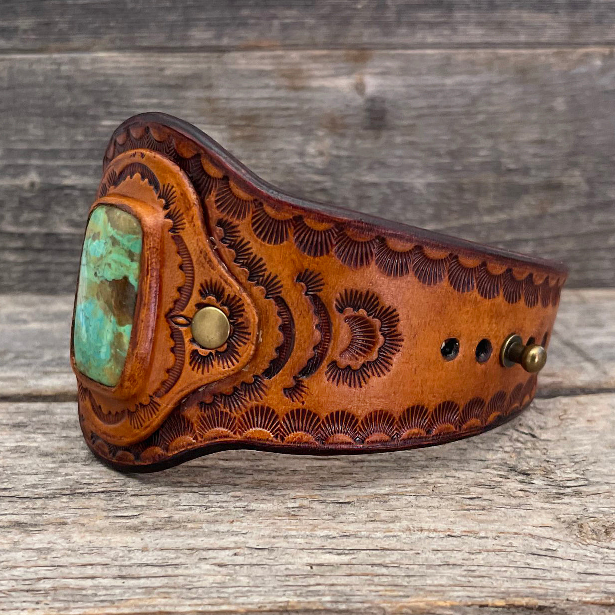 One of a Kind - leather  bracelet with Kingman Turquoise rectangle cabochon