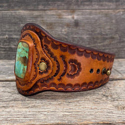 One of a Kind - leather  bracelet with Kingman Turquoise rectangle cabochon