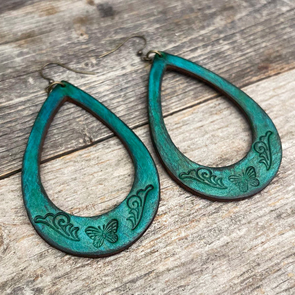 One of a Kind dark turquoise drop leather earrings