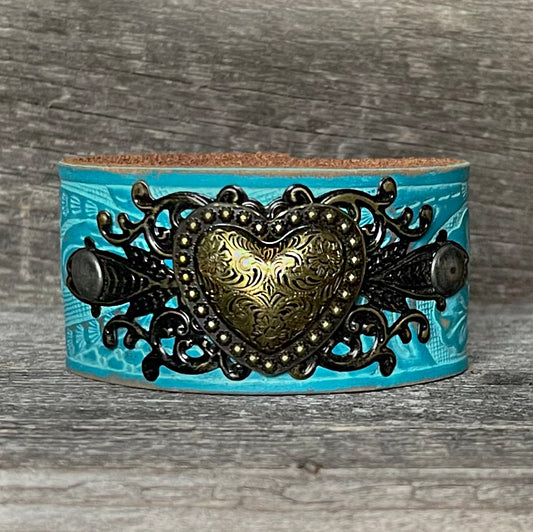 One of a kind, genuine leather, handmade bracelet with gold copper heart concho