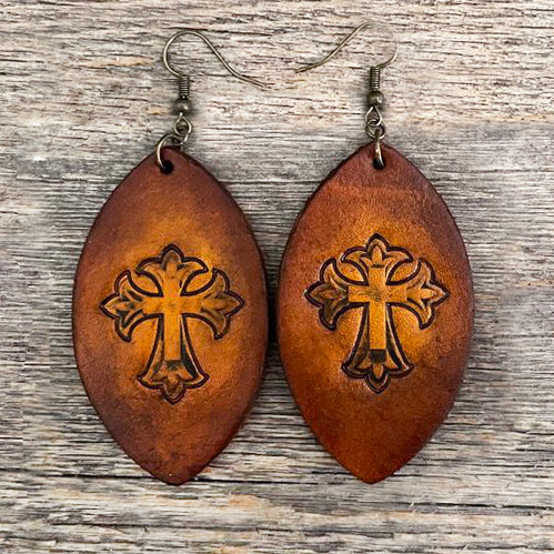 MADE TO ORDER - Tooled Cross Drop Leather Earrings | Boho Accessories